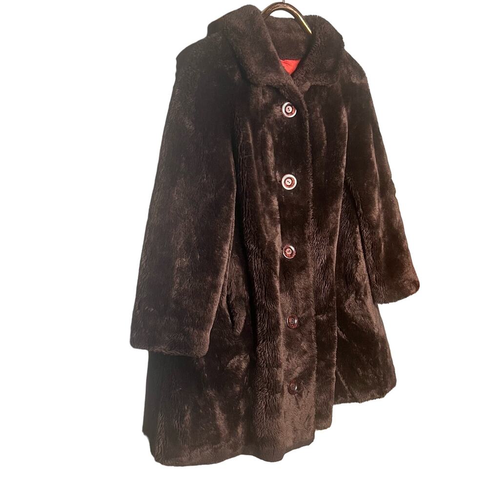 Vintage 60s Brown Faux Fur Swing Coat Button Front Collared Pockets Rockabilly - Picture 3 of 11